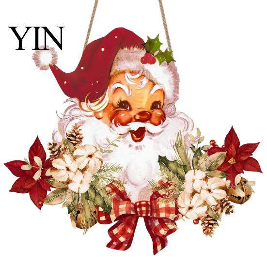 Reusable Christmas Wood Ornament Wooden Santa Claus Hanging Pendant for Christmas, Rustic Floral Wall Sign, Holiday Decor Tree with Hemp Rope