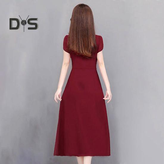 Summer Lady Dress Round Neck A-line Short Sleeves Slim Waist Plus Size Pure Color Slim Fit Mid-calf Length OL Commute Midi Dress
