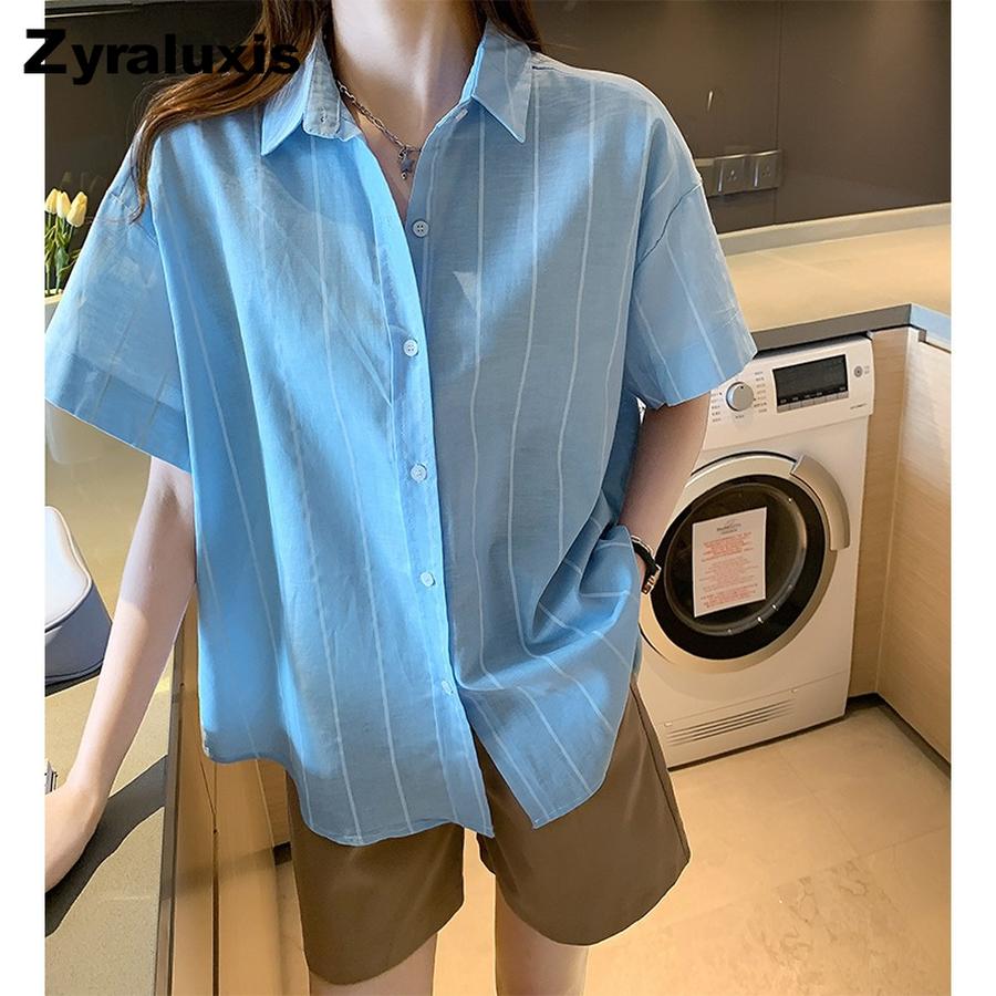 Striped Shirt Women Summer New Korean Style Loose Fit Slim Fit Polo Collar Elegant Fashion Short Sleeve S синий