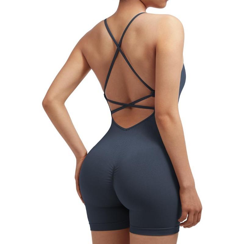Women Strappy Romper Seamless Jumpsuit Tummy Control Padded Sports Bra