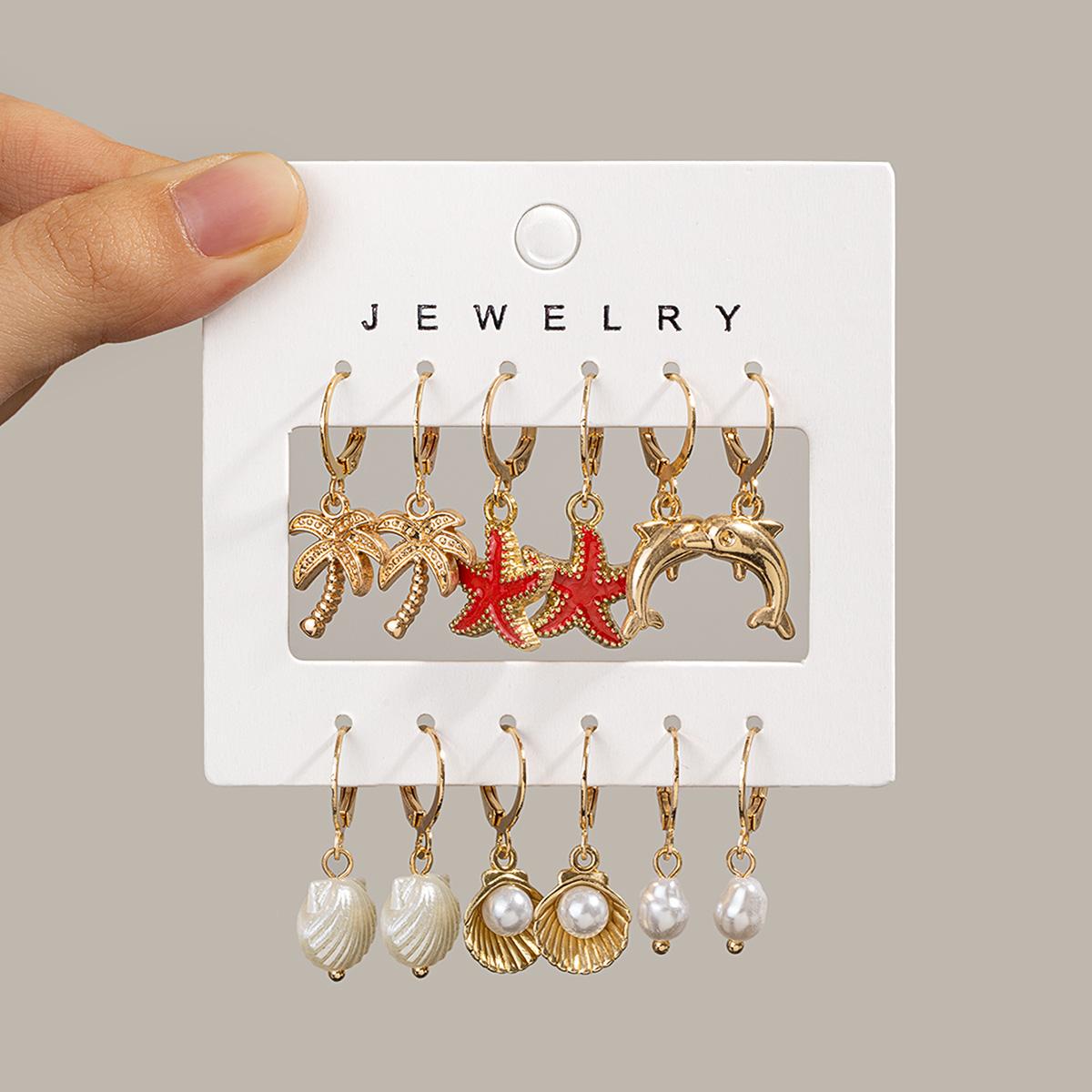 

6 Pairs of Ocean Style Combined Earrings, Coconut Tree, Starfish, Dolphin, Shell and Pearl Earring Set