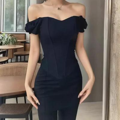 European & American Street Style Off-Shoulder Short Sleeve Bustier Top with Fishbone Corset and Padded Bandeau for Women