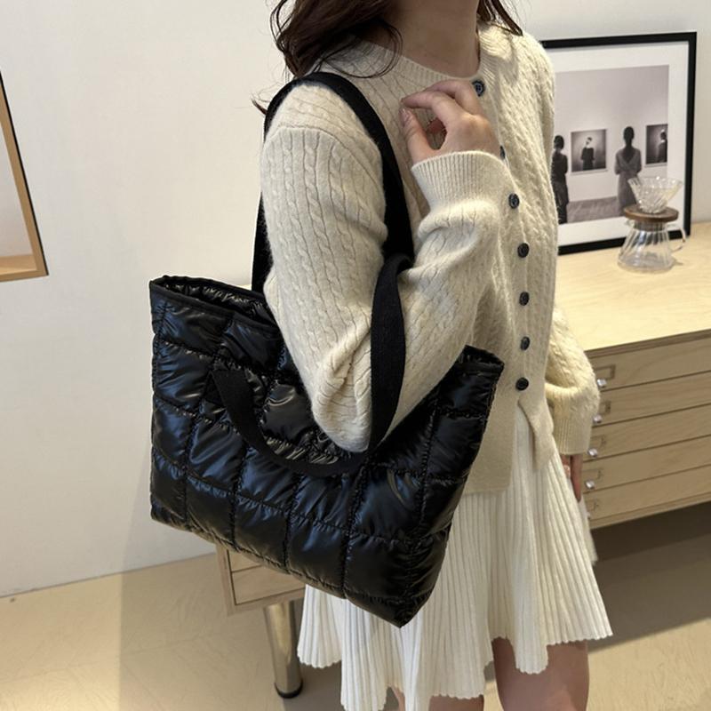 Ladies Tote Handbags Large Capacity Cotton Padded Shopping Bag Rhombus Portable Handbag Quilted Solid For Leisure Travel