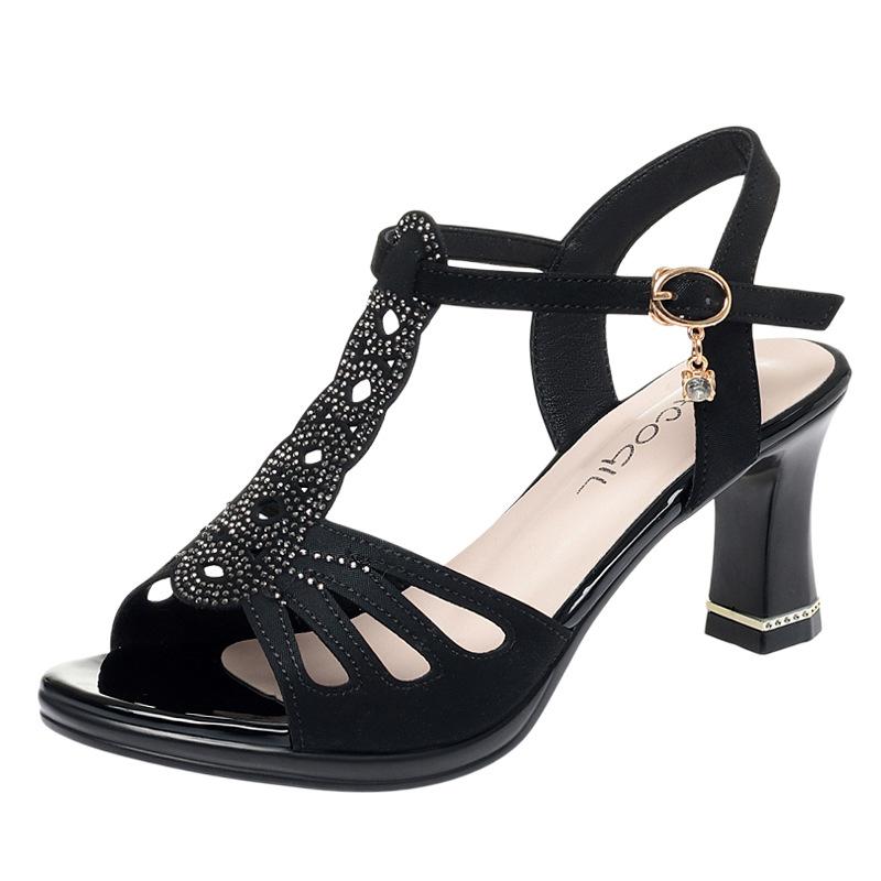 7cm Elegant Comfortable Rhinestone Gladiator Sandals Platform Shoes 2025 Summer Med Block Heels Sandals Leather for Office Mom