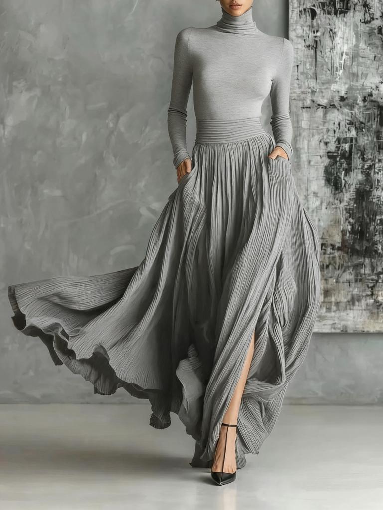 Black High Neck Long Sleeve Turtleneck Top and Pleated Wide Leg Skirt Set