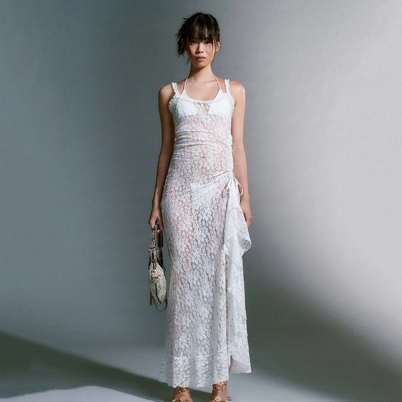 

Kkx Pure Desire Backless Lace Temperament Camisole Long Dress Ruffles Lace-up Perspective Seaside Vacation Sexy Dress White M