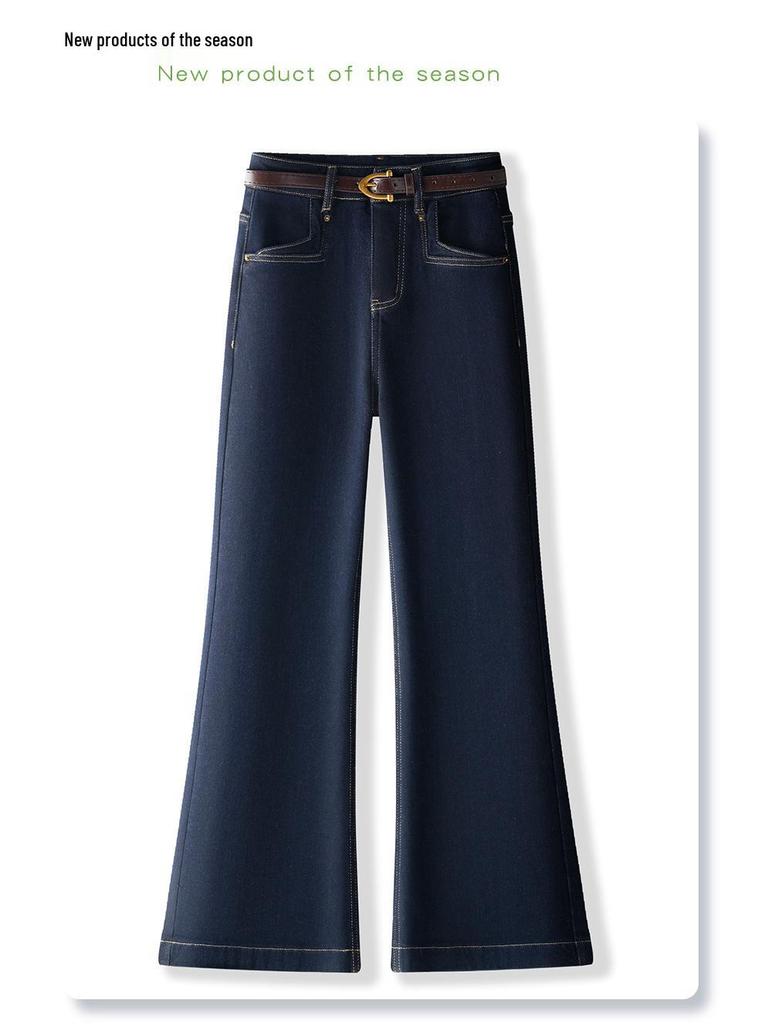 Blue Fleece-Lined High-Waisted Flare Pants for Women, Pear-Shaped Fit, 2024 Autumn/Winter Style