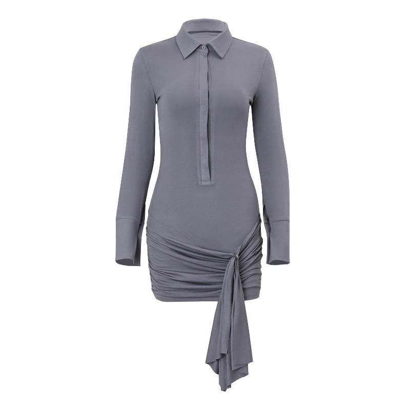 

ins European and American winter new women s clothing fashion polo collar breasted slim-fitting solid color long-sleeved strap hip skirt S серый