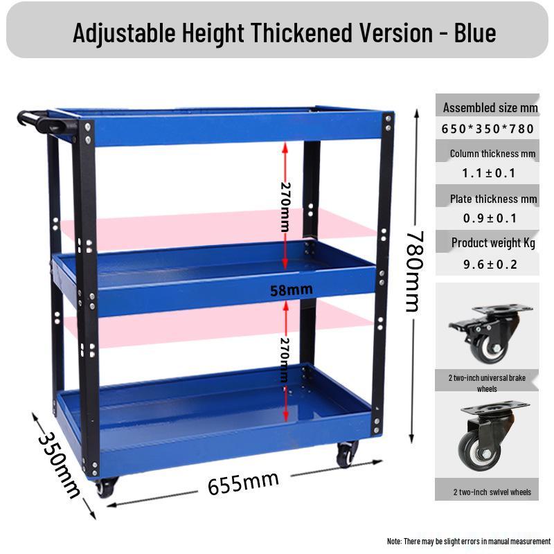 Adjustable 3-Tier Hand-Push Tool Cart for Auto Repair - Multi-Functional Mobile Workshop Storage.