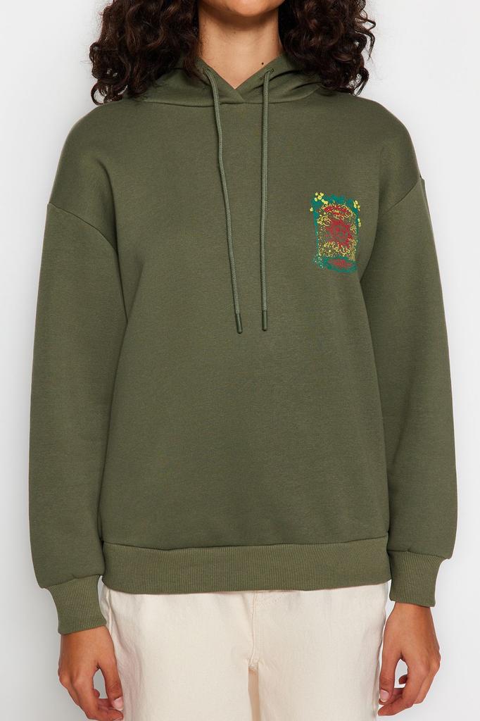 Women's Fashionable Stylish Sweatshirt Khaki Thick Inside Fleece Front and Back Printed Oversize Wide Fit Knitted Sweatshirt