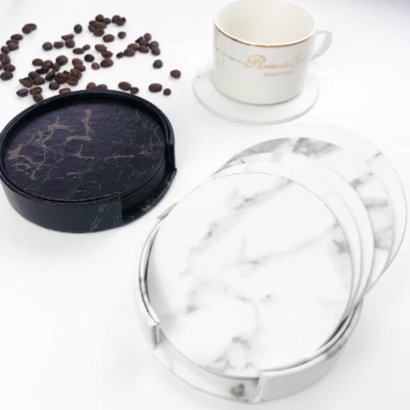 6pcs Marble Coaster Artificial Leather 10cm Oil and Water Resistant Heat Resistant with Base Double Sided Leather Coffee Coasters