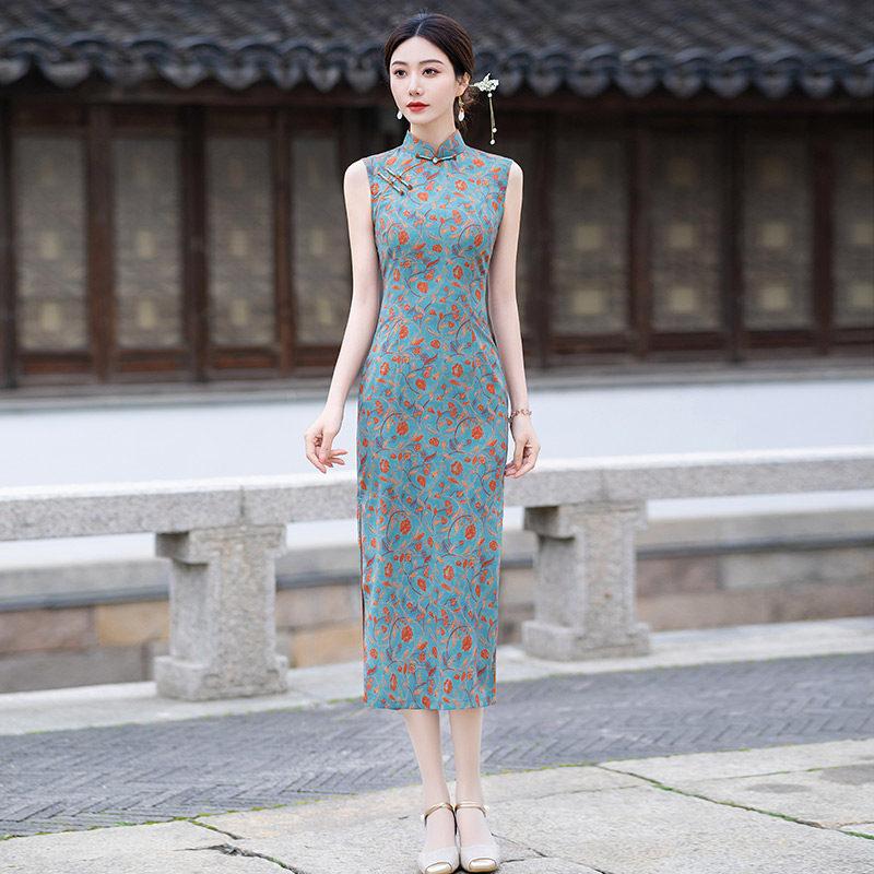 Blue sleeveless national style new Chinese Suzhou long cheongsam improved young women's high sense can be worn daily in summer