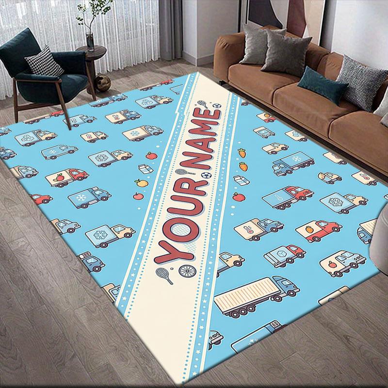Custom Name,Cartoon Car Pattern Series Home Sofa Decoration for Living Room & Bedroom, Non‑Slip Play Flannel Floor Mat for Game Room