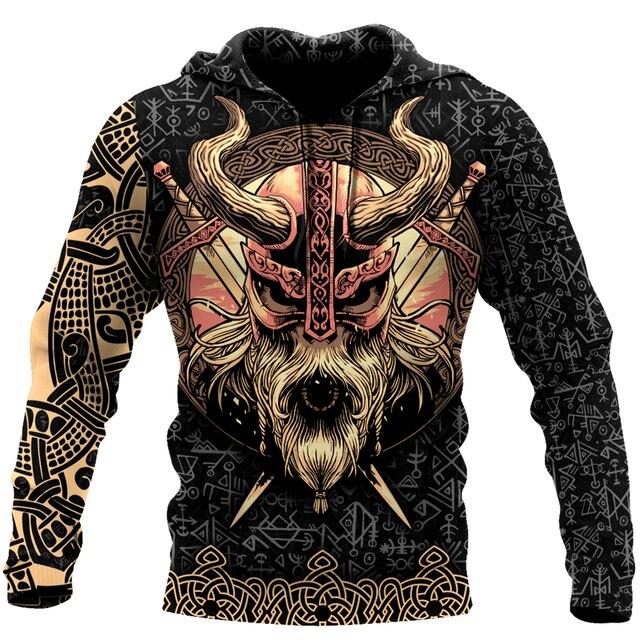 Menn Hettegenser Vikings Odin S Skull 3D All Over Printed Mote Hettegensere Unisex Høst Casual Dame Streetwear Pullovere