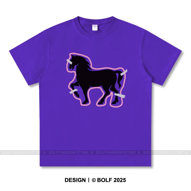 Women's Paper-Cut Art Horse Printed T-Shirt 100% Cotton Oversized Folk Graphic Tees for Men Summer Tops Cultural Streetwear