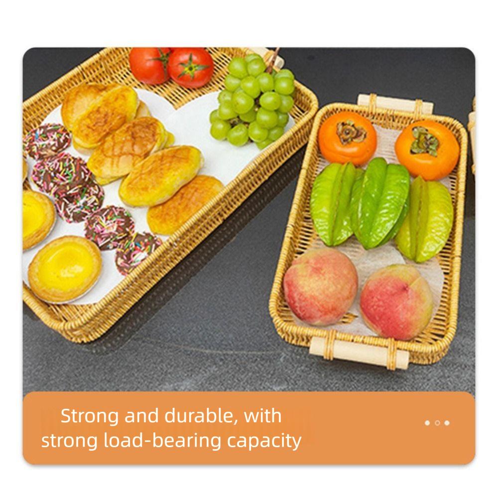 Wooden Handle Woven Rattan Basket Plastic Rattan Threads Woven Fruit Platter  Breakfast