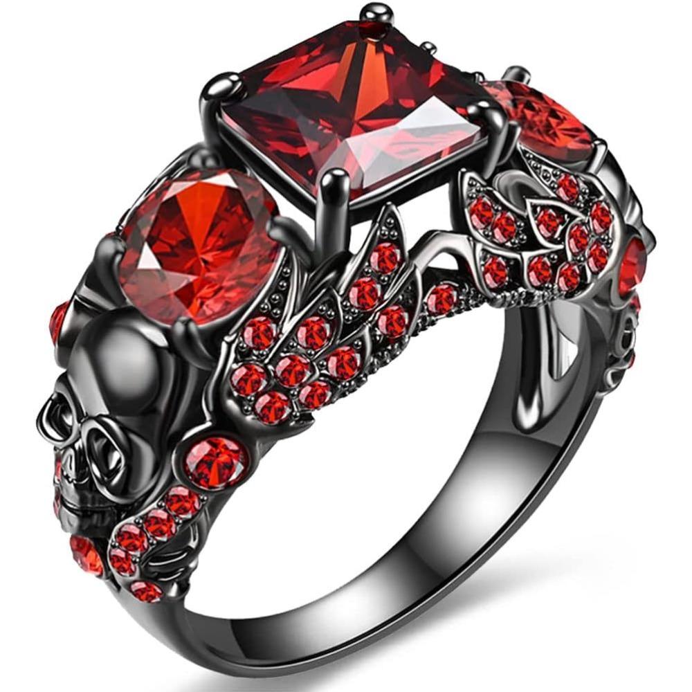 Gothic Purple Red Black Crystal Unique Black Skull Rings for Women Halloween Christmas Gifts Jewelry