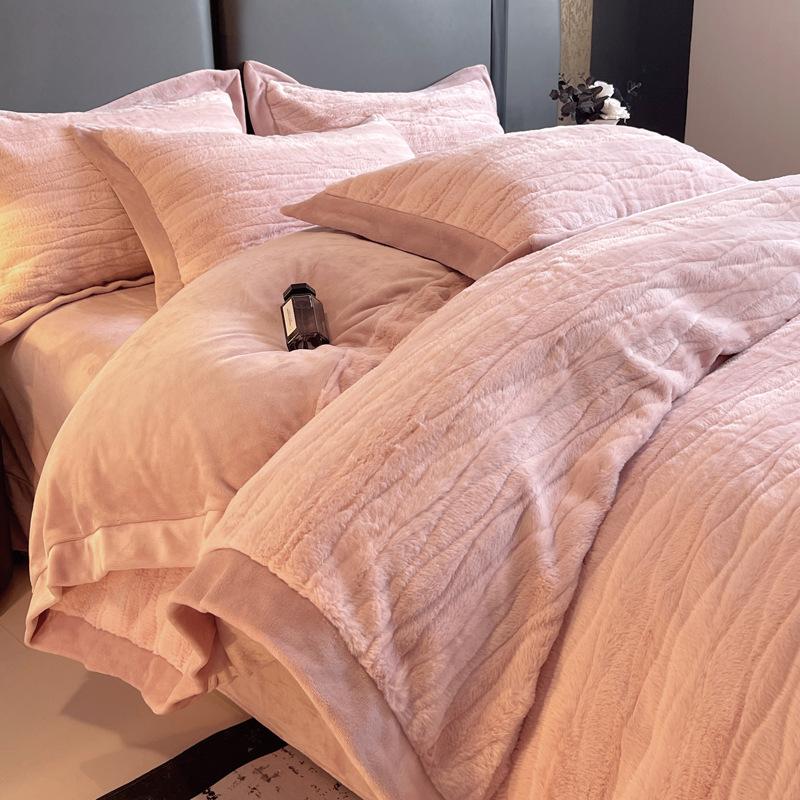 Light Luxury Simple Rabbit Fleece Four-Piece Set Solid Color Thickened Milk Fleece Bedding Mattress Quilt Cover