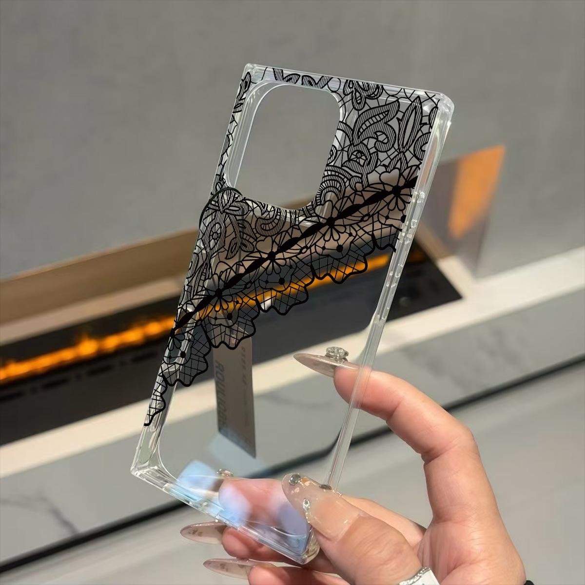 

Прозрачный квадратный чехол-накладка для iPhone 15 Plus 16 ProMax 11 12 14 Pro Max 13, защита от окисления, чехол с черным кружевом и узором из небрежной сетки iphone 11 ProMax