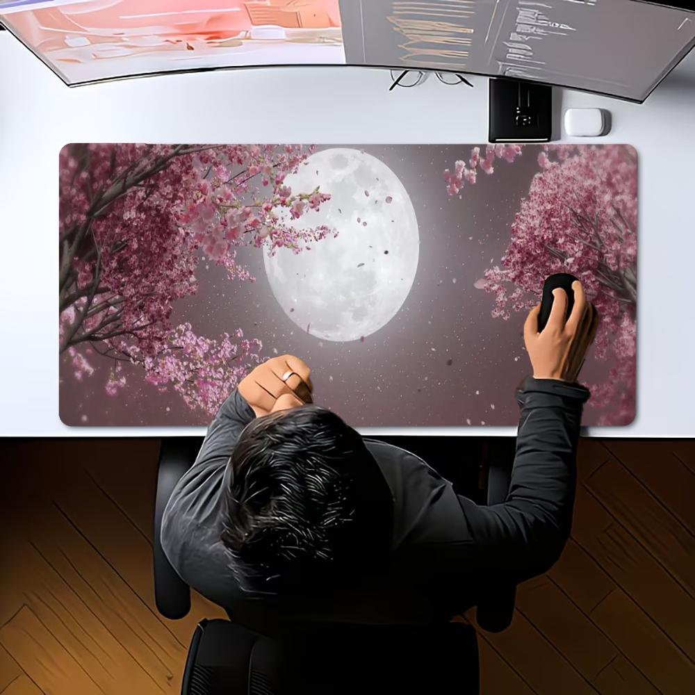 Large XXL Mousepad Cherry Blossom Falling Petals Full Moon Art Deskpad Overlock Stitched Non‑Slip Rubber Keyboard Mouse Mats