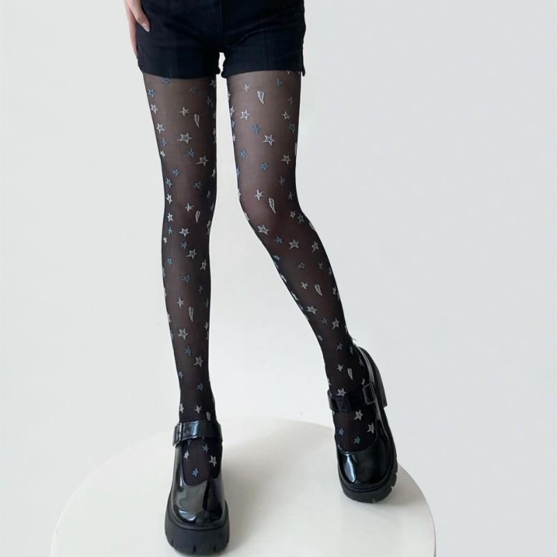 Damen Design Sterne Print Strumpfhosen Romantisch Weiß Blau Fünfzackiger Stern Jacquard Strümpfe Dopamin Süß Cooles Mädchen Sexy Strumpfhosen One Size black