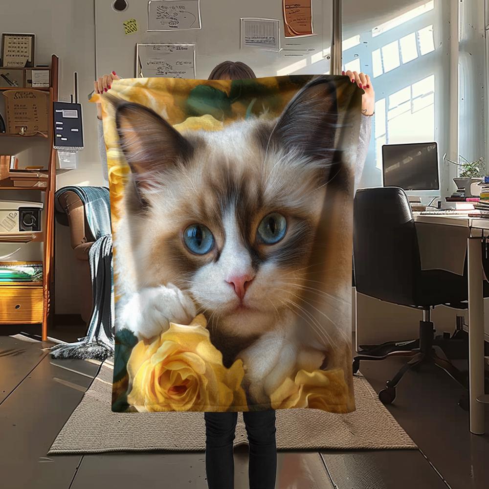 Ragdoll Katze und Rosen Muster Flanelldecke, Hohe Qualität, Bequem für Alle Jahreszeiten, Heimdekoration, Wärme und Komfort, Perfekt für Geschenke.