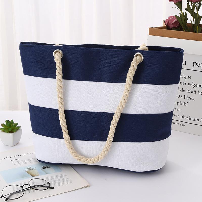 Cotton Rope Portable Canvas Bag Fabric Striped Shoulder Shopping Bag Large Capacity Practical Beach Splicing Shoulder Bag