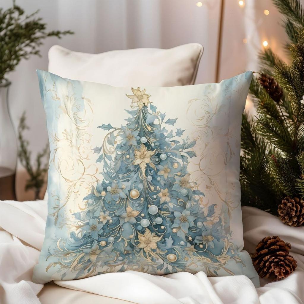 Christmas Blue Floral & Golden Pine Cone Throw Pillow Cover, Festive Elegant Printed Cushion Case