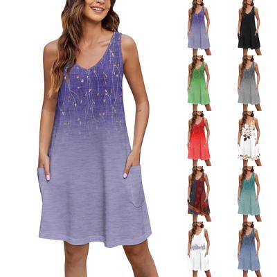 Women's Casual Print Summer Bohemian Beach Dress With Pockets V Neck Tank Dress