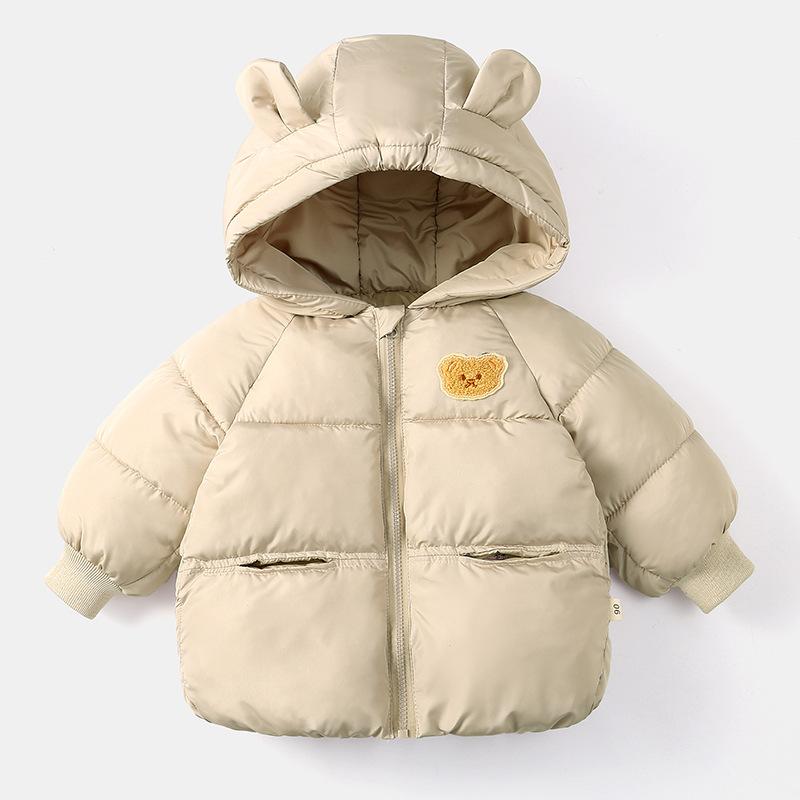 

Теплая верхняя одежда с капюшоном для мальчиков и девочек, детские зимние утепленные куртки, детское однотонное хлопковое пуховое пальто, детская повседневная одежда 90 бежевый