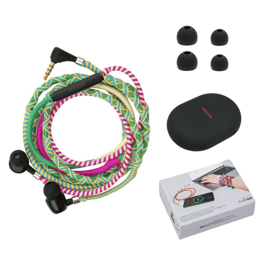 URIZONS 3.5mm Colorful Nylon Braided Earphones - Magnetic Bracelet Earbuds with Metal Shells and Deep Bass, Neck Strap Attachment, Mic, Volume
