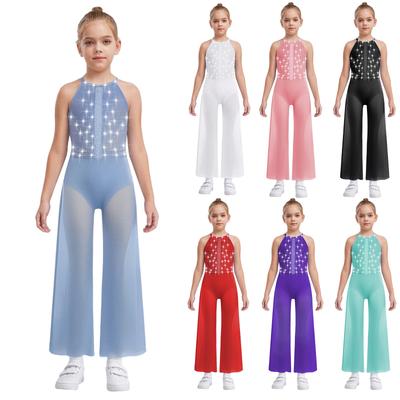 Girls Rhinestone Dance Bodysuit - Shimmery Sleeveless Jumpsuit with Keyhole Back & Side Splits, Built-in Briefs for Performances