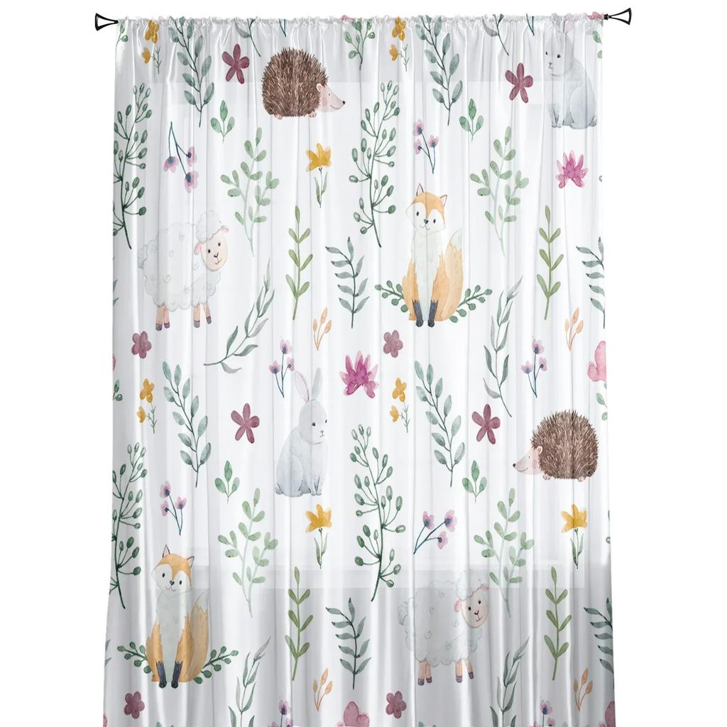 Cartoon Animal Hedgehog Fox Rabbit Green Leaf Tulle Sheer Window Curtains for Living Room Bedroom Voile Organza Curtains Drapes