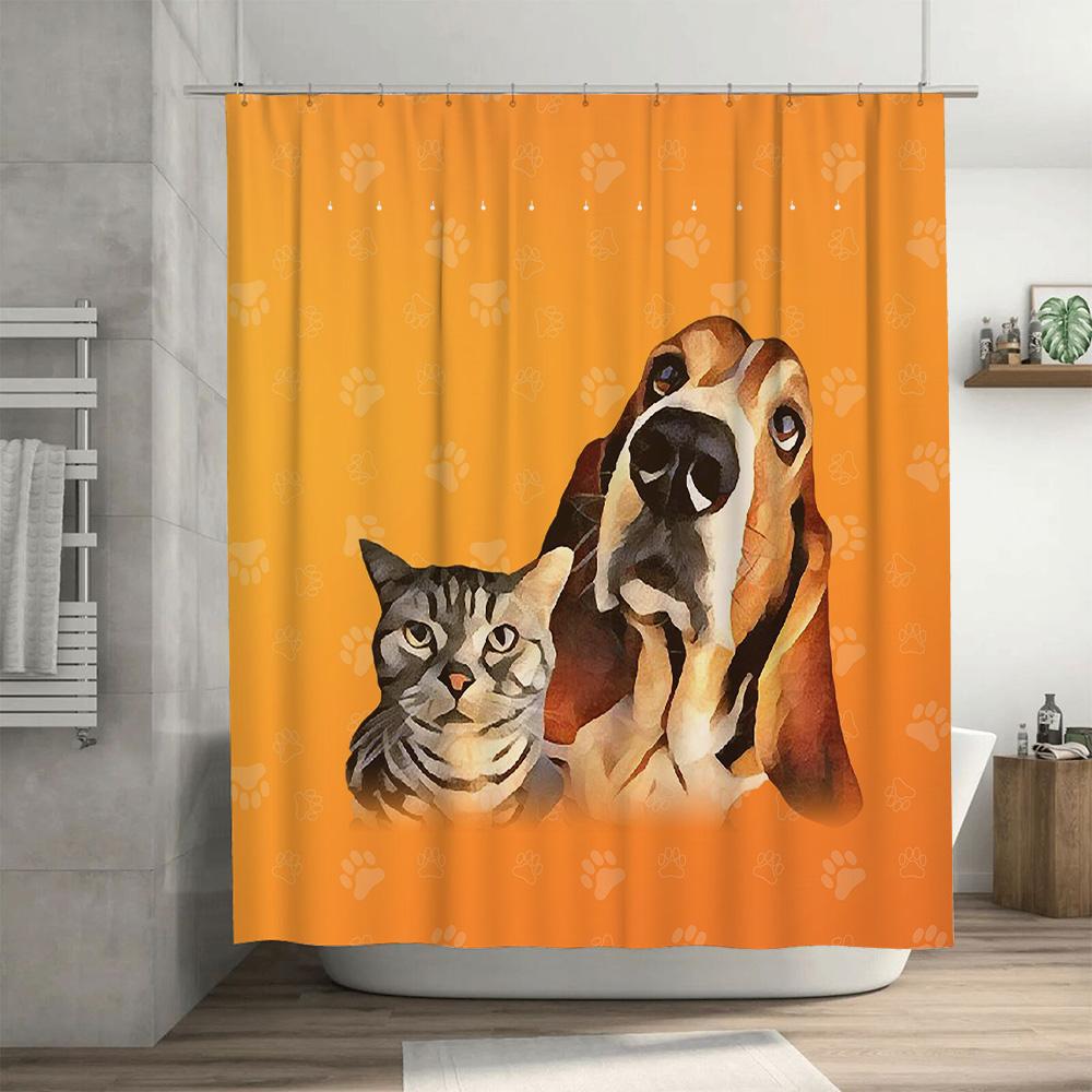 Artistic Pet Shower Curtain Dog Cat Print Bath Decor for Home Bathroom Orange Paw Pattern Waterproof Fabric Size 72x84 Inches (1