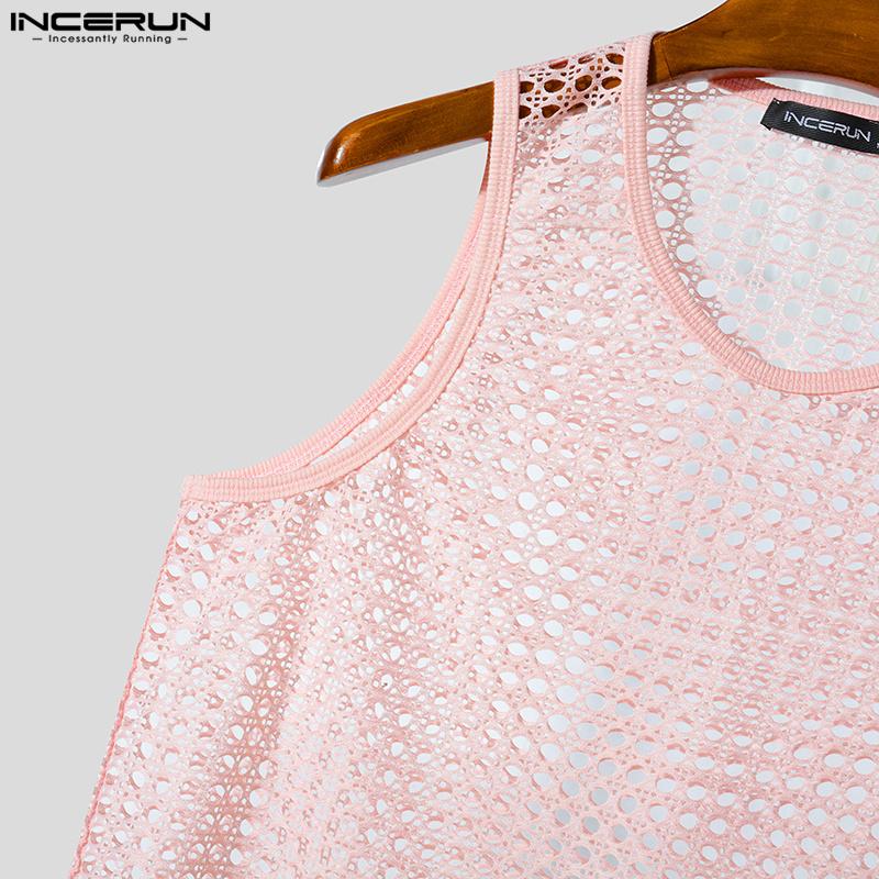 INCERUN Men O Neck Sleeveless Mesh Sheer Hollow Crochet Casual Beach Tank Tops