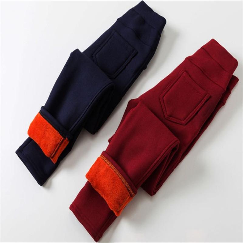 Girls Winter Children Plus Velvet Trousers Thick Warm Solid Color Pencil Pants