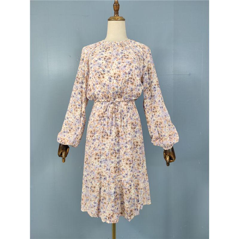 

Foreign Trade Order Early Spring 2025 New H Home Exquisite Print Long sleeve Bandage Waist Hugging Hepburn Style Big Hemline Dress Blue Apricot Print XS