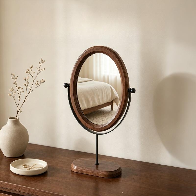 Vintage Walnut Color Light Luxury Mirror Desktop Makeup Mirror Rotatable Vertical Dressing Mirror For Bedroom