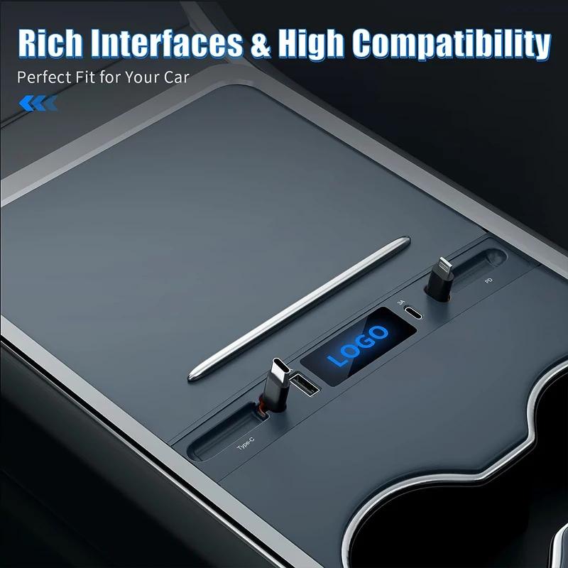 For Tesla Model 3 Y 27W PD Type C Car Charger Retractable Hub Dock USB-C Fast Charging Center Console Smart Sensor Support
