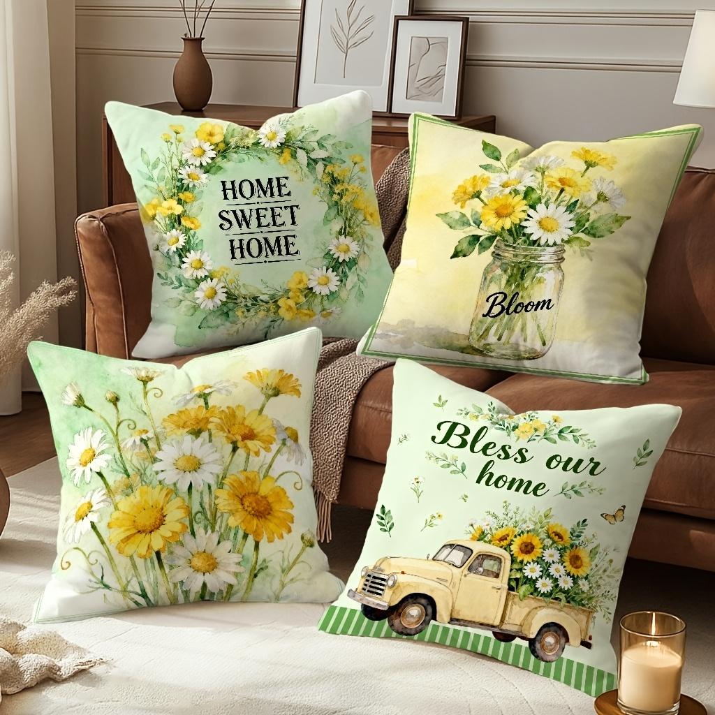 Spring Flower Home Sweet Home Pillow Covers Green Yellow Pattern Cushion Covers For Sofa Living Room Bedroom Home Decorations