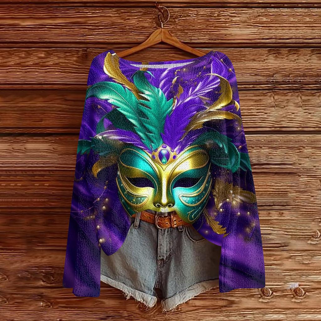 Damen Casual Mode Rundhals Oberteil Karneval Print Langarm Strickpullover