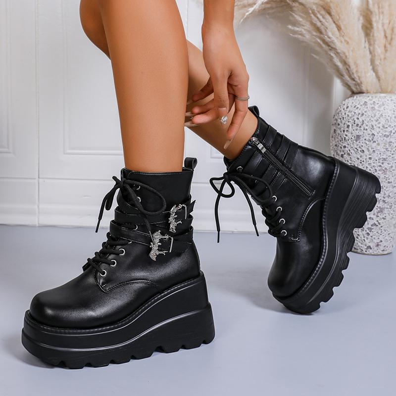 Fashion Chunky Platform Gothic Ankle Boots Women Punk Style Wedge Heel Motorcycle Shoes Woman Thick Sole Buckle Strap Black Combat Boots