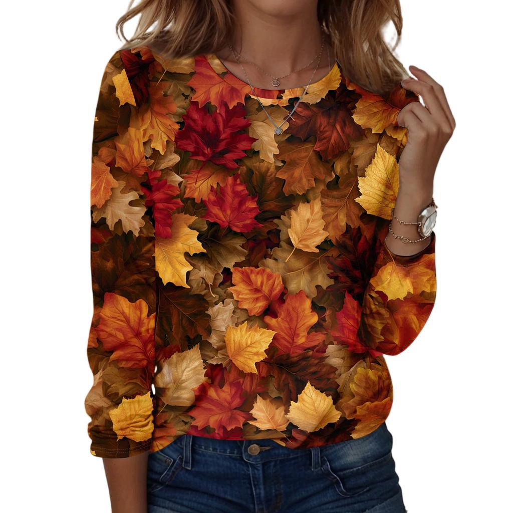 Women's Casual Long Sleeve Leaf Print Neck Blouse