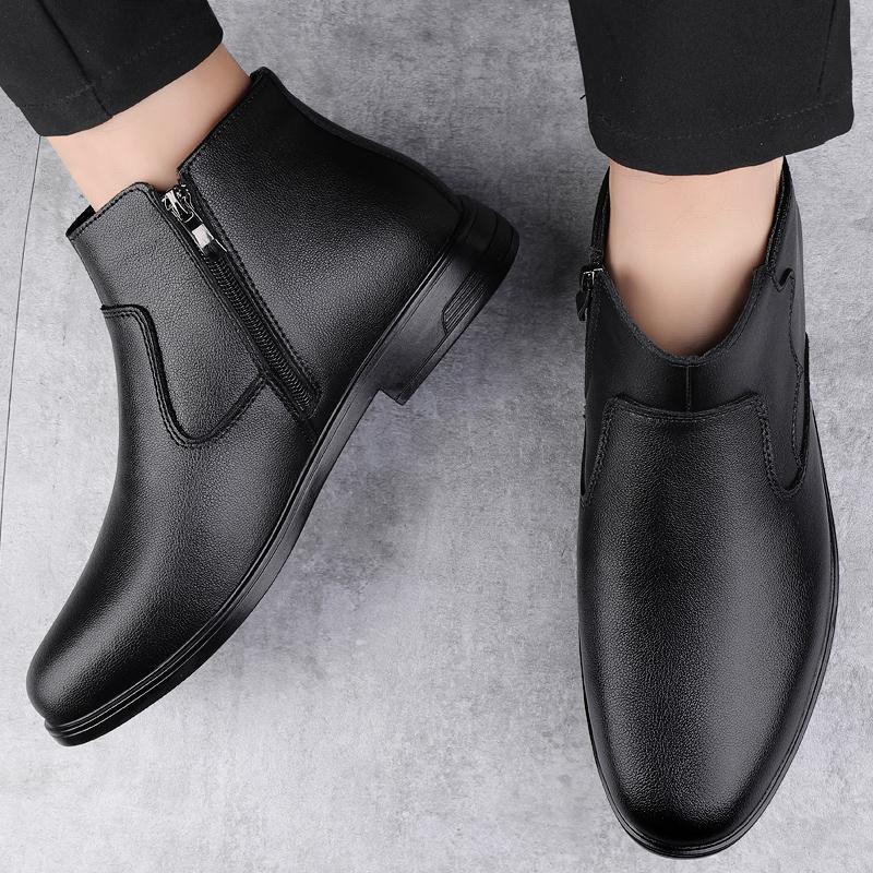 Fashion Genuine Leather Male Basic Boots Side Zipper Men Shoes All-match Men High Top Outdoor Shoes Fashion Men Winter Plush Snow Boots