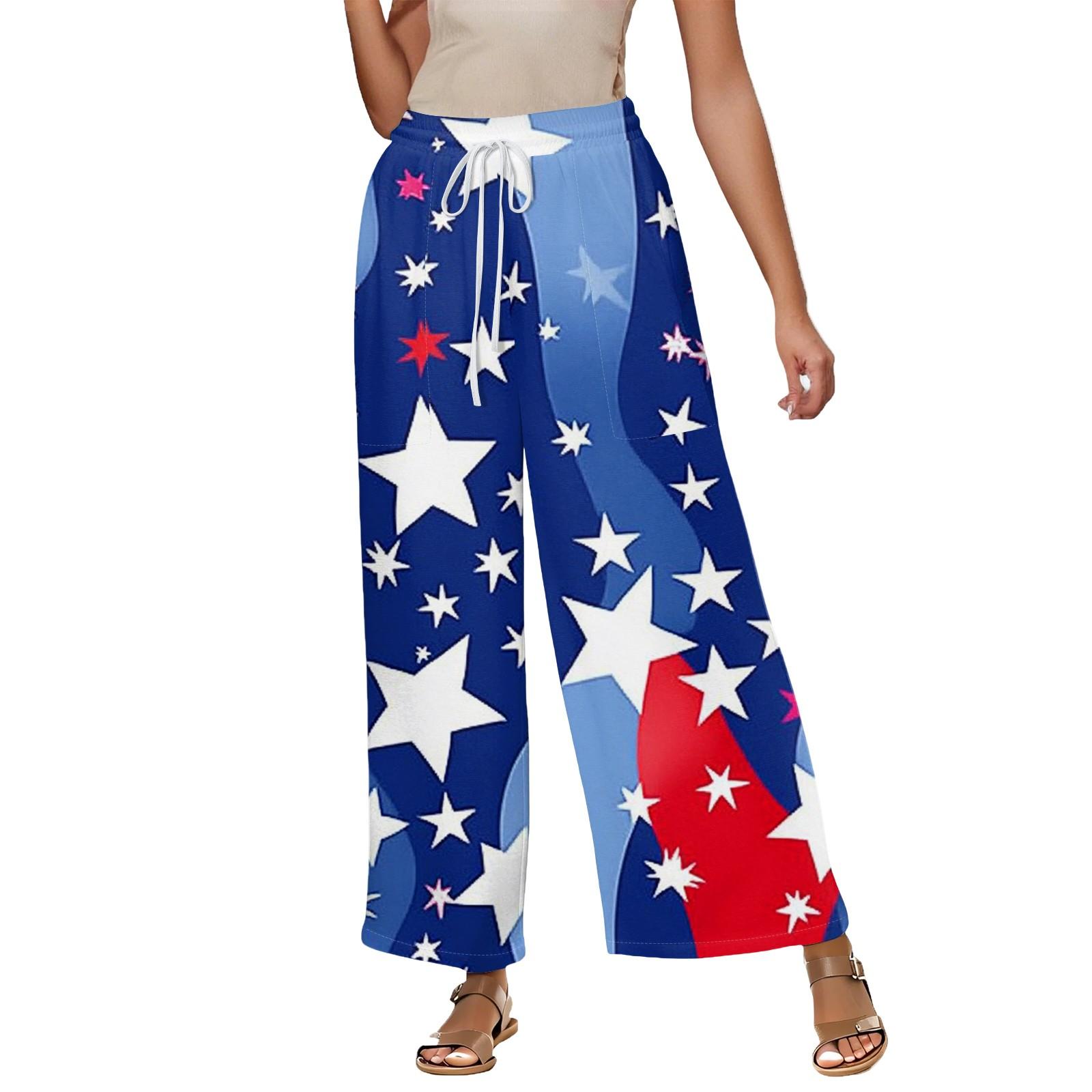 

Women s Summer Elastic Waist Independence Day Printed Cotton And Linen Loose Cropped Pants XXL киноварь