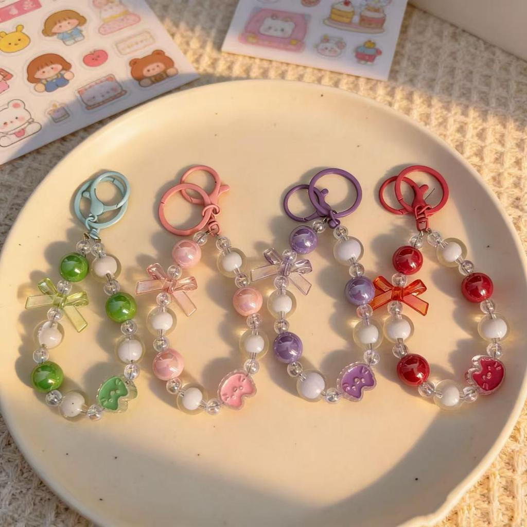 Fresh Candy Color Bow Cat Beaded Phone Lanyard Keychain Bag Charm
