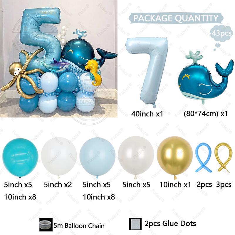 43Pcs Ocean Animal Themed Balloon Baby Blue Number Birthday Balloon Set Cartoon Whale Shark Seahorse Balloon Party Decoration As The Picture