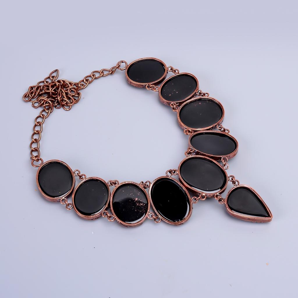 Natural Black Onyx Copper Handcrafted Chain Electroformed Sisters Gift Necklace V-84