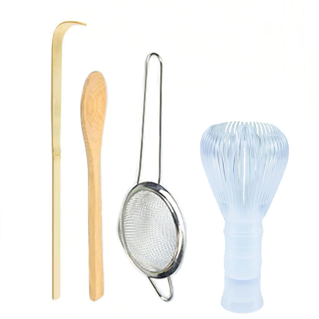 4dílná sada metliček Matcha - Plastová metlička, Sítko na čaj, Lžička, Lžička, Sítko, Perfektní startovací sada Matcha pro čajový obřad Matcha