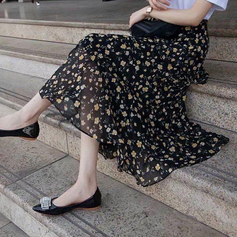 Medium To Long Chiffon Midi Skirt for Women In Summer High Waist A-line Floral Irregular Ruffle Edge Skirt